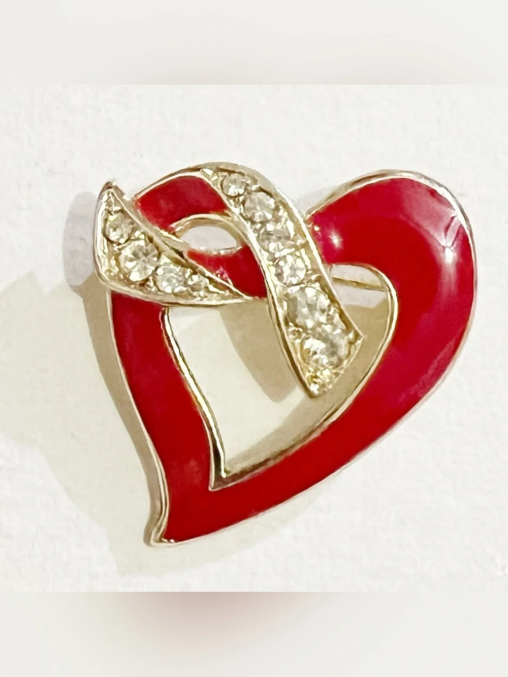 Red Heart Enamel Brooch Clear Rhinestones